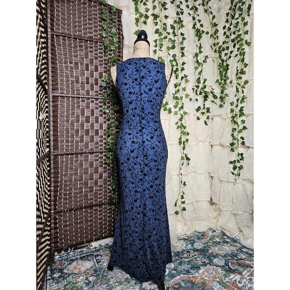 Elegant Blue and Black Floral Patterned Sleeveless Maxi Dress Y2K 90's Look - Picture 3 of 3